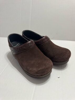 Dansko Women's Brown Suede Clogs with Tooled Leather Floral Detail Size 37
